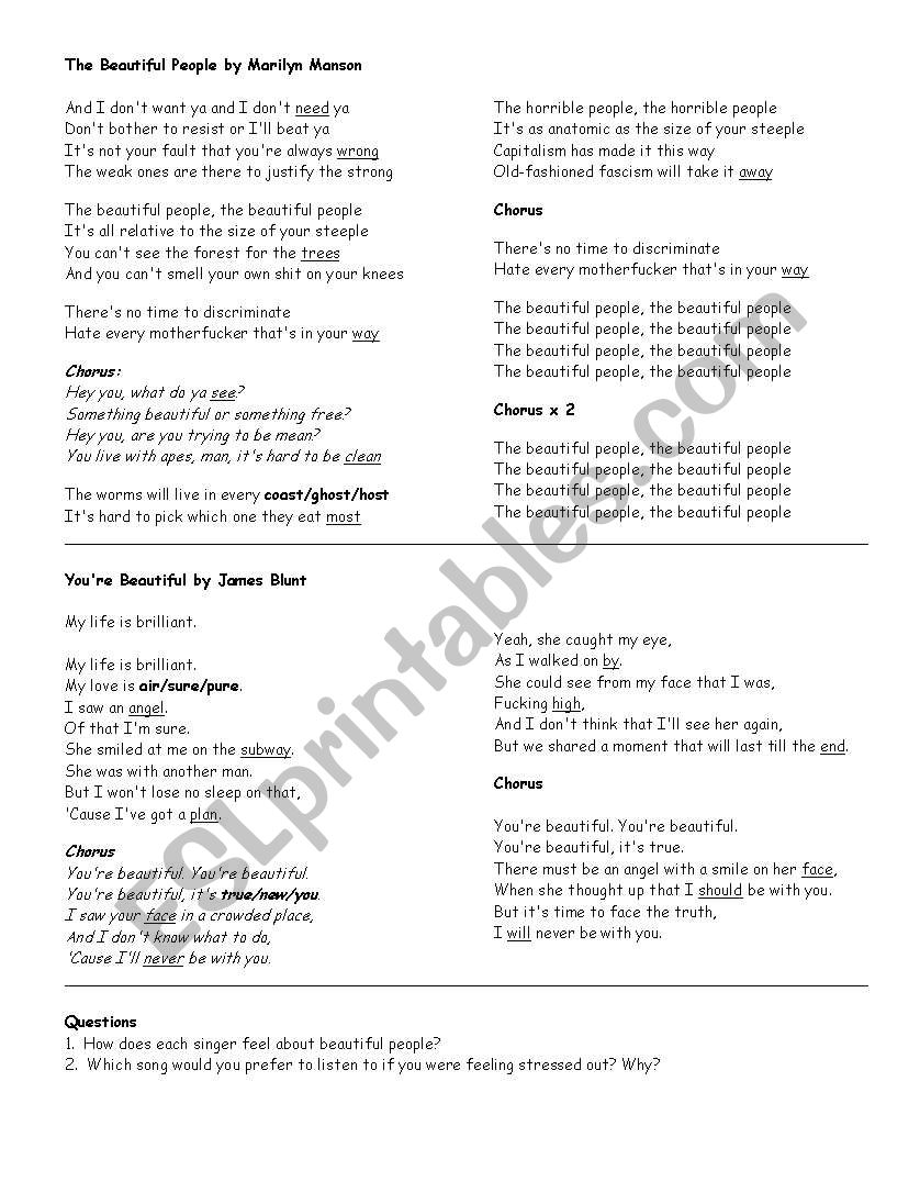 English Worksheets Beautiful People By Marilyn Manson And You Re Beautiful By James Blunt