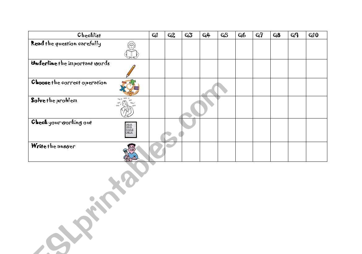 Word Problems checklist worksheet