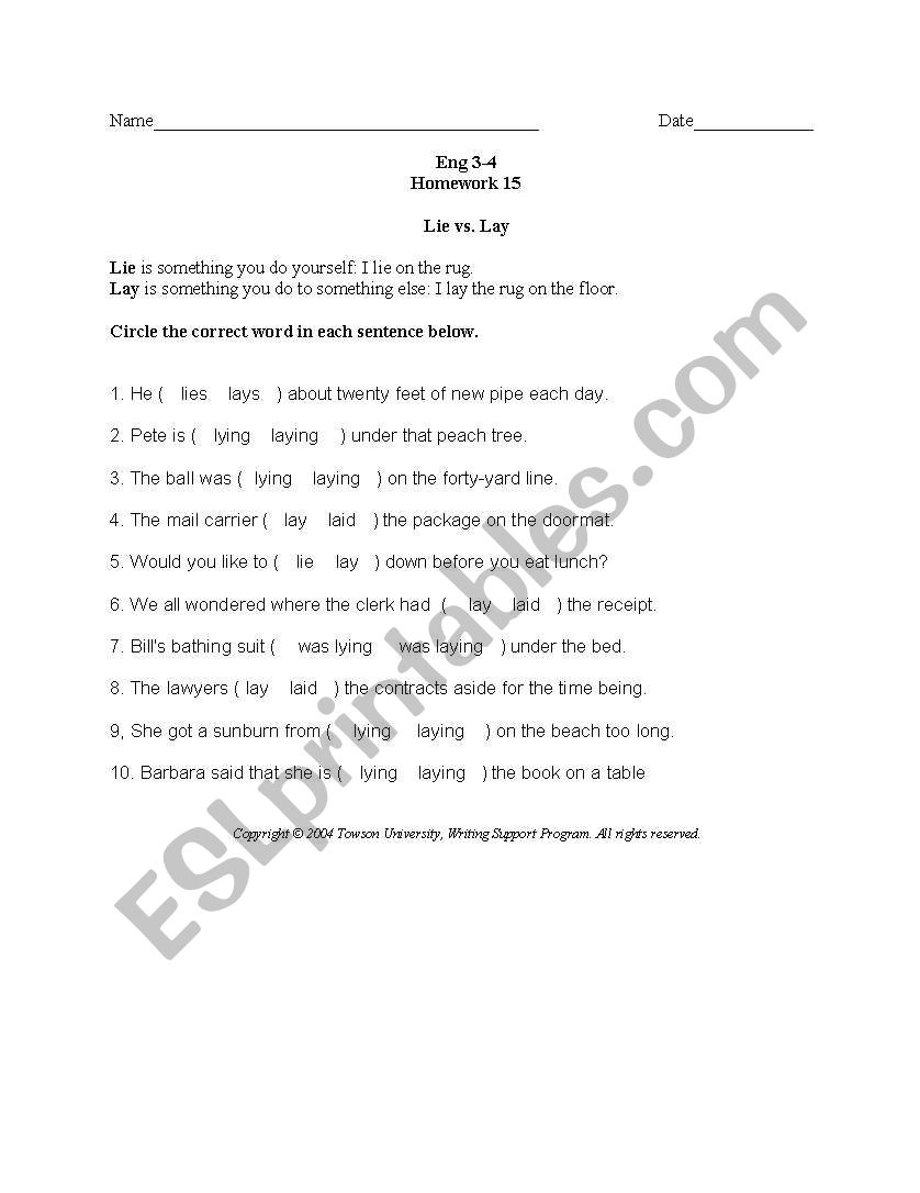 English Worksheets Lie Vs Lay