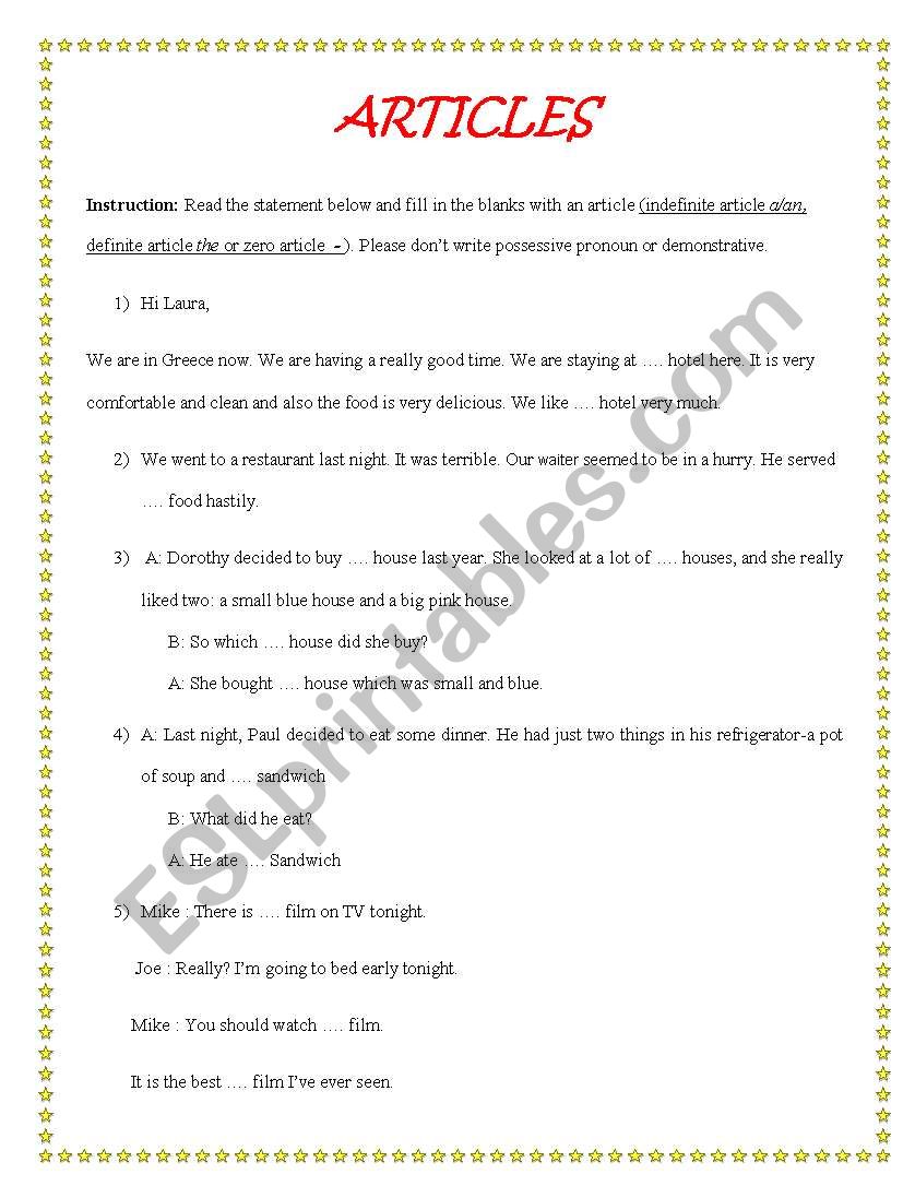 articles worksheet