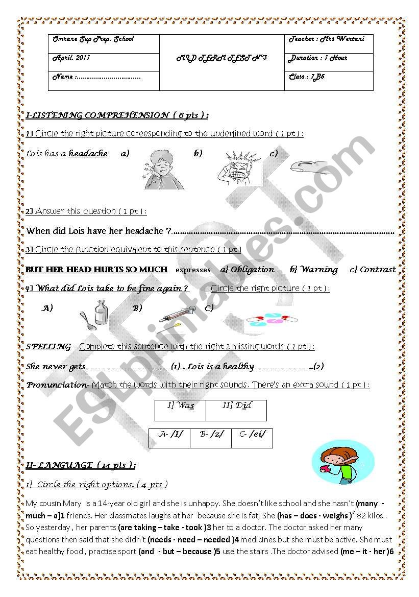 MID PF TERM TEST N°3 7TH FORM - ESL worksheet by ryma