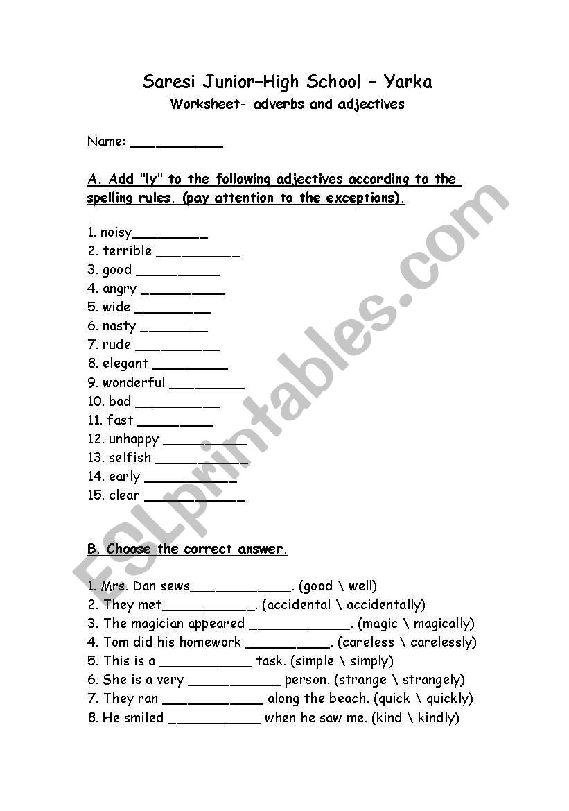 English worksheets: adverbs and adjectives