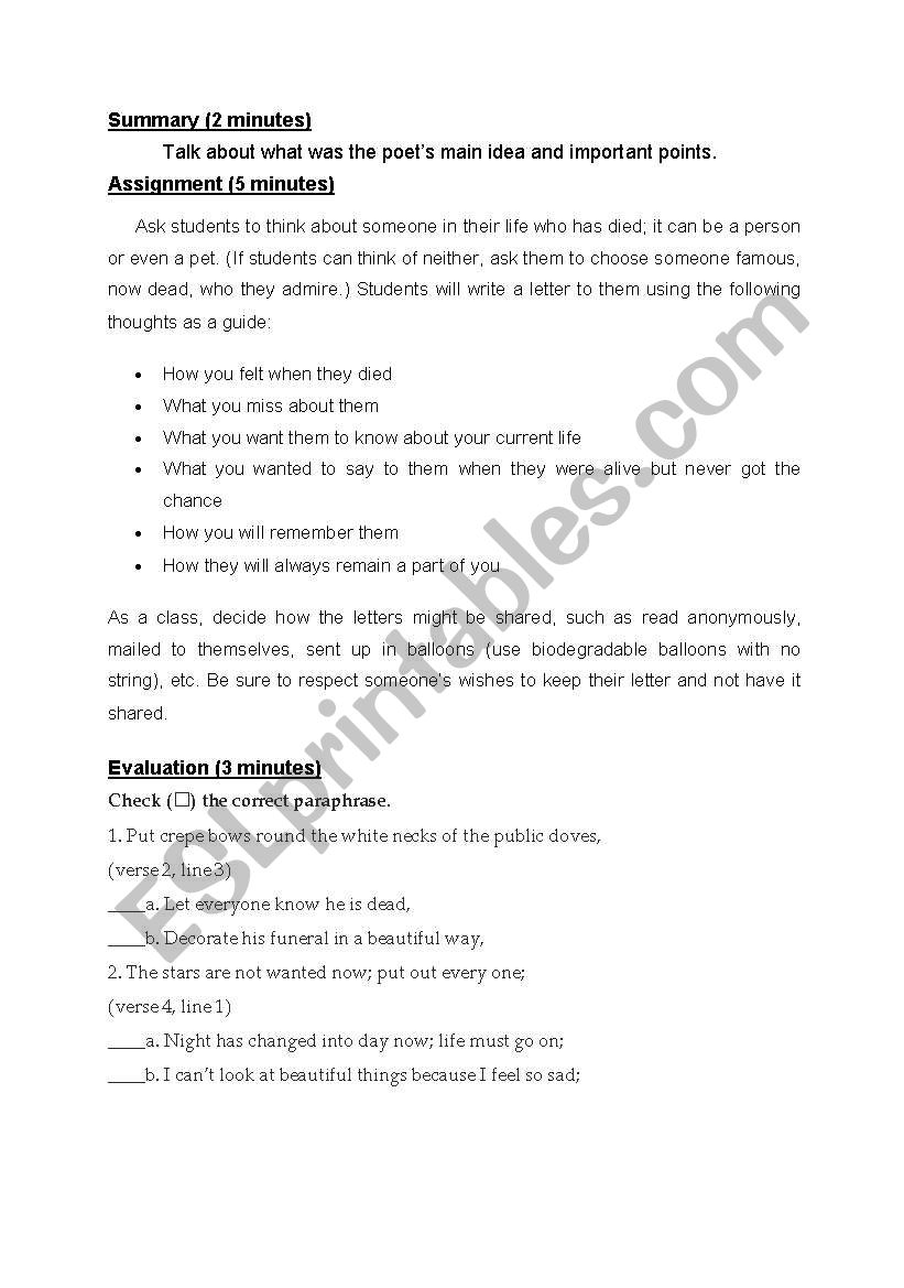 Funeral Blues Esl Worksheet By Espritu