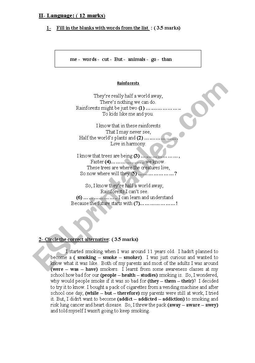 mid-term test for 9th form tunisian curriculum 