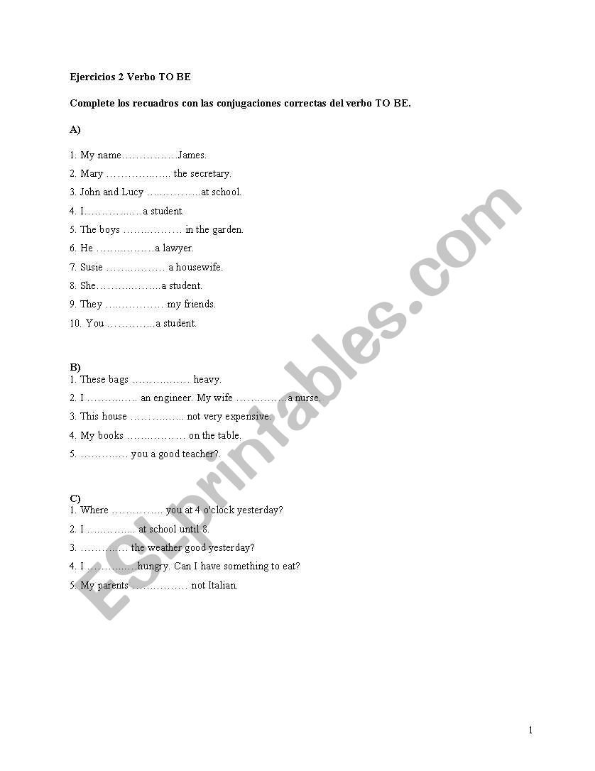 Verb to be worksheet