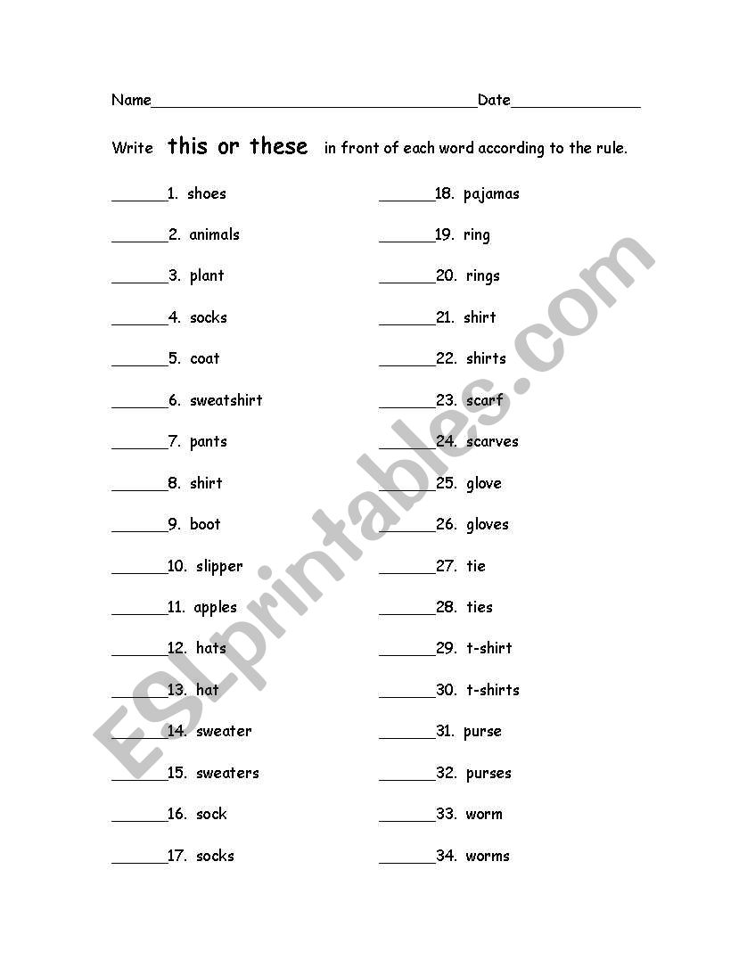 Using This or These correctly worksheet