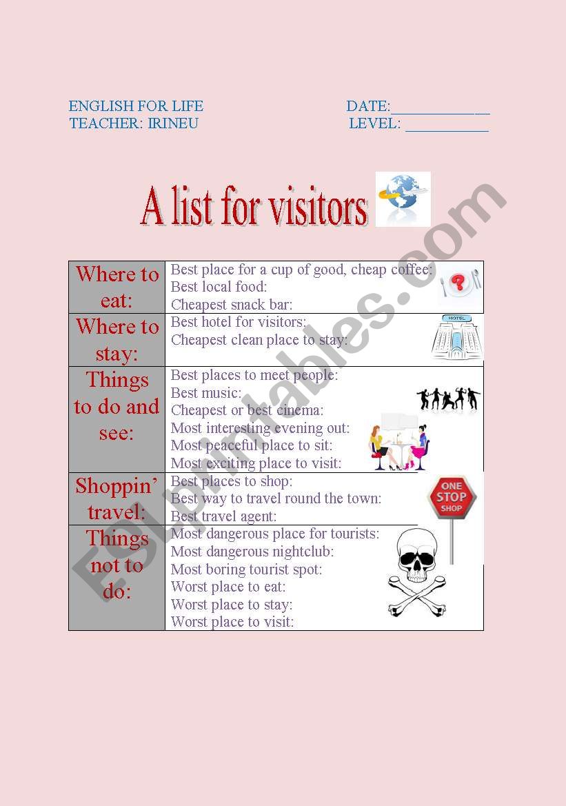 A LIST FOR VISITORS worksheet