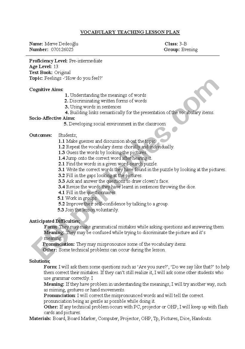 vocabulary lesson plan worksheet