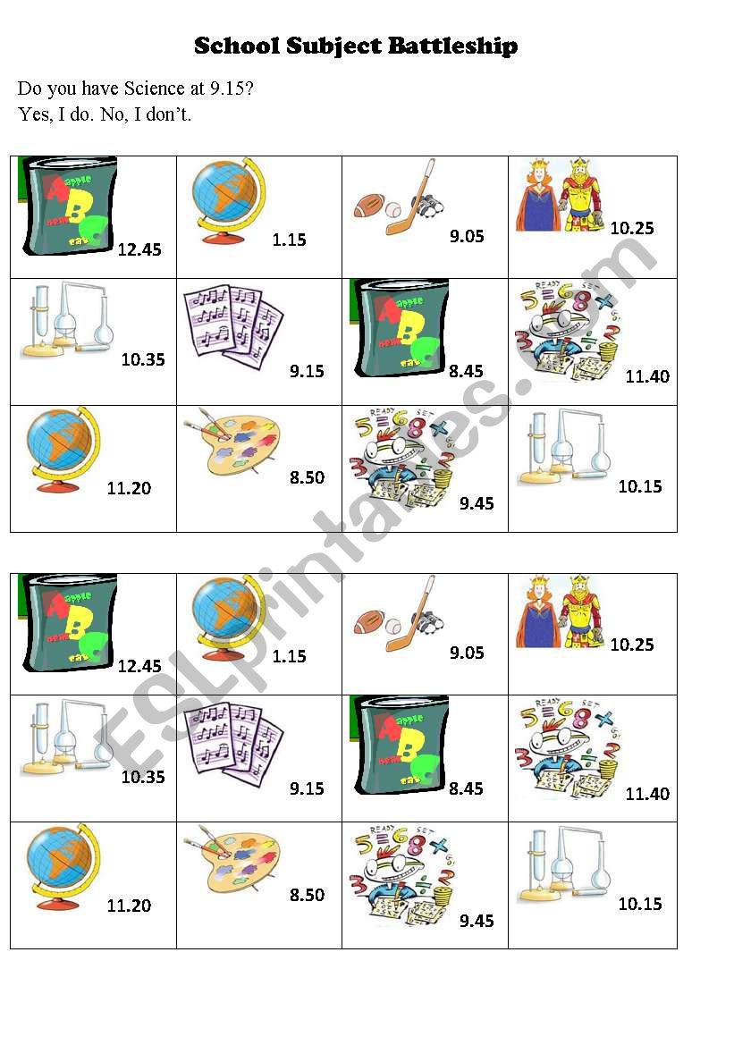 School Subject Battleship. worksheet