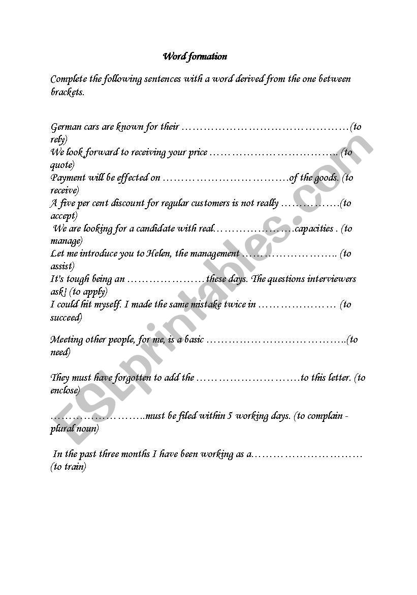 exercise on word formation worksheet