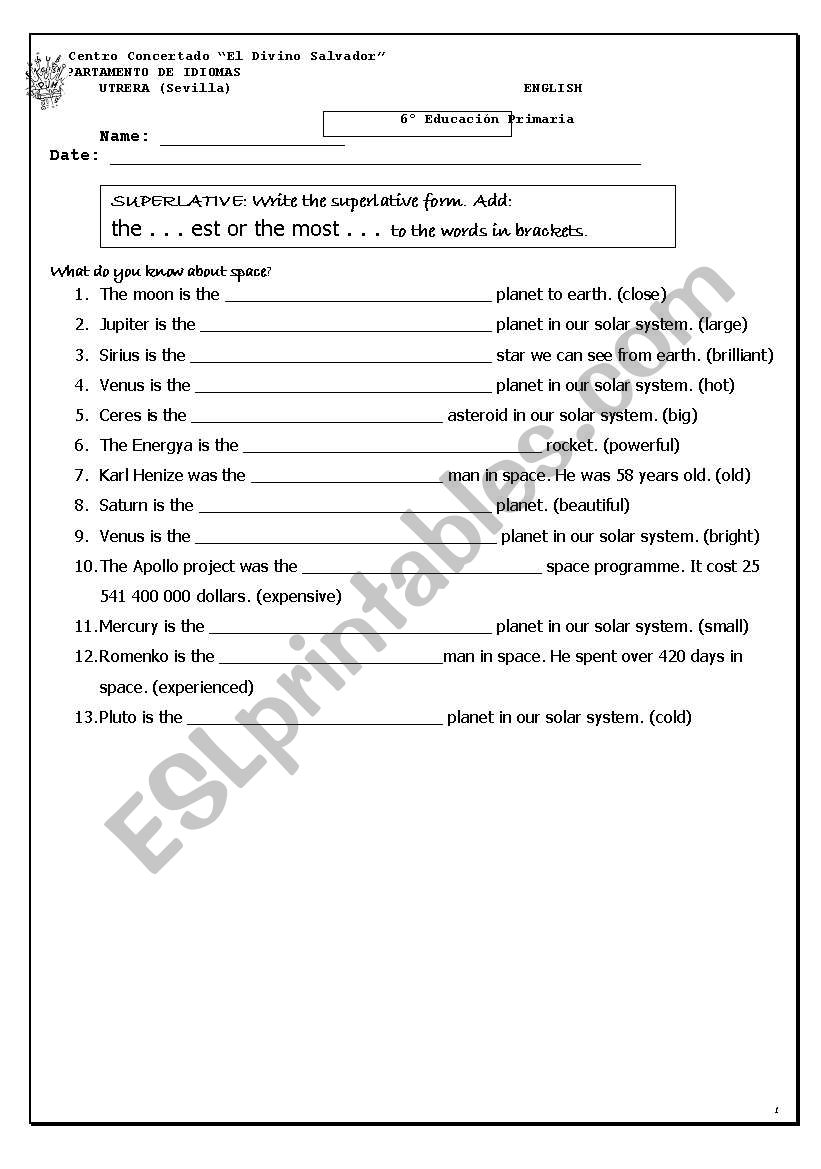 Superlative Exercise worksheet