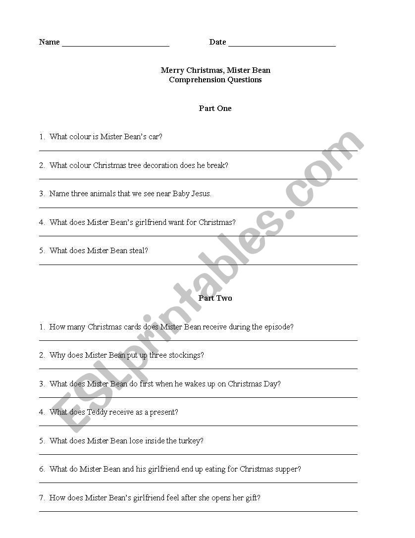 Mister Beans Christmas Comprehension questions