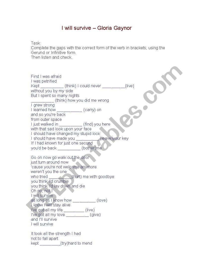 I will survive song worksheet