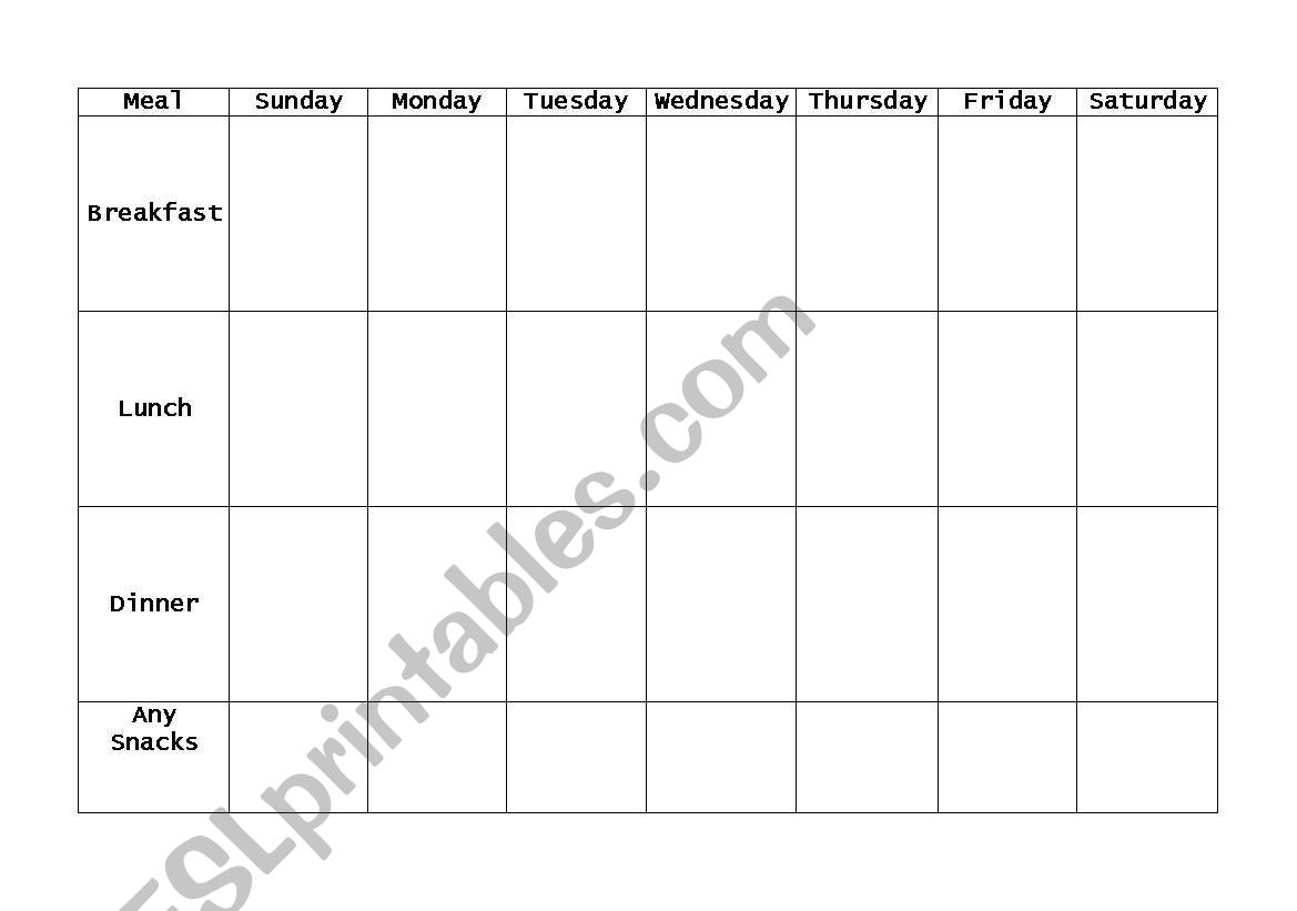 Meal Calendar worksheet