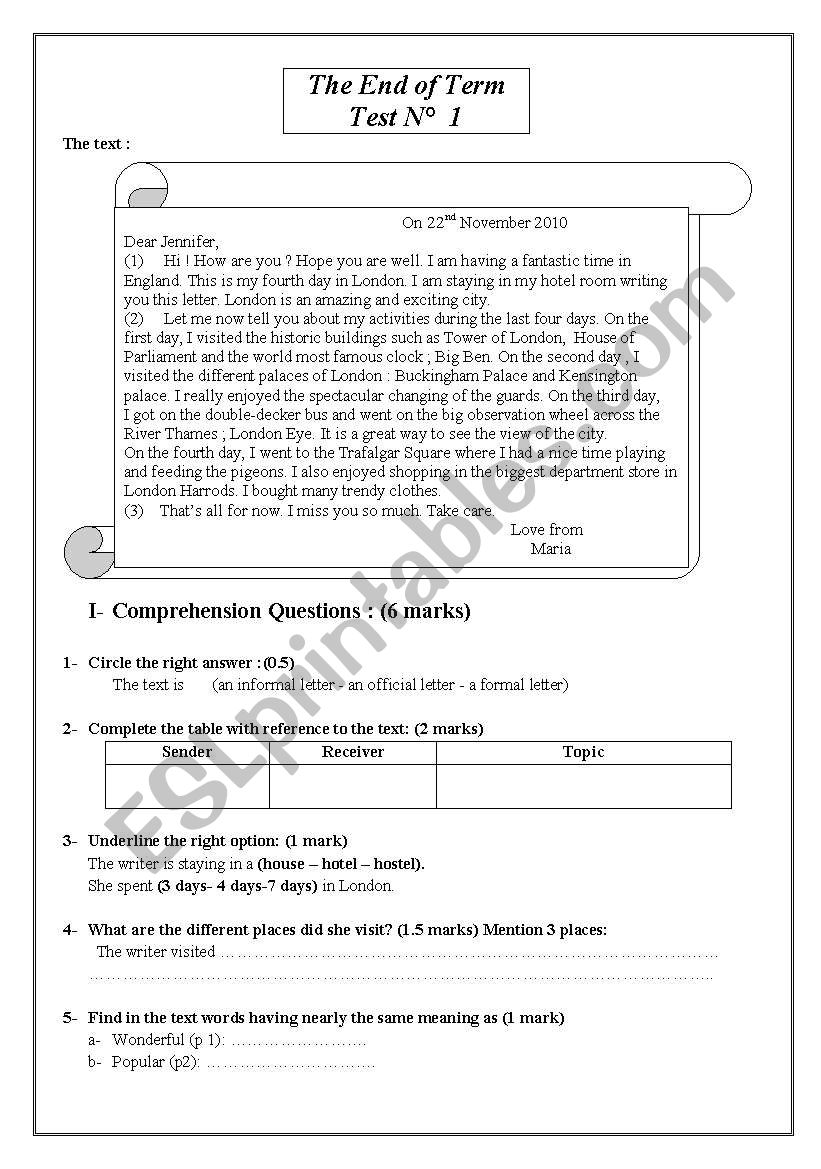 The End of Term test n1 comprehension part