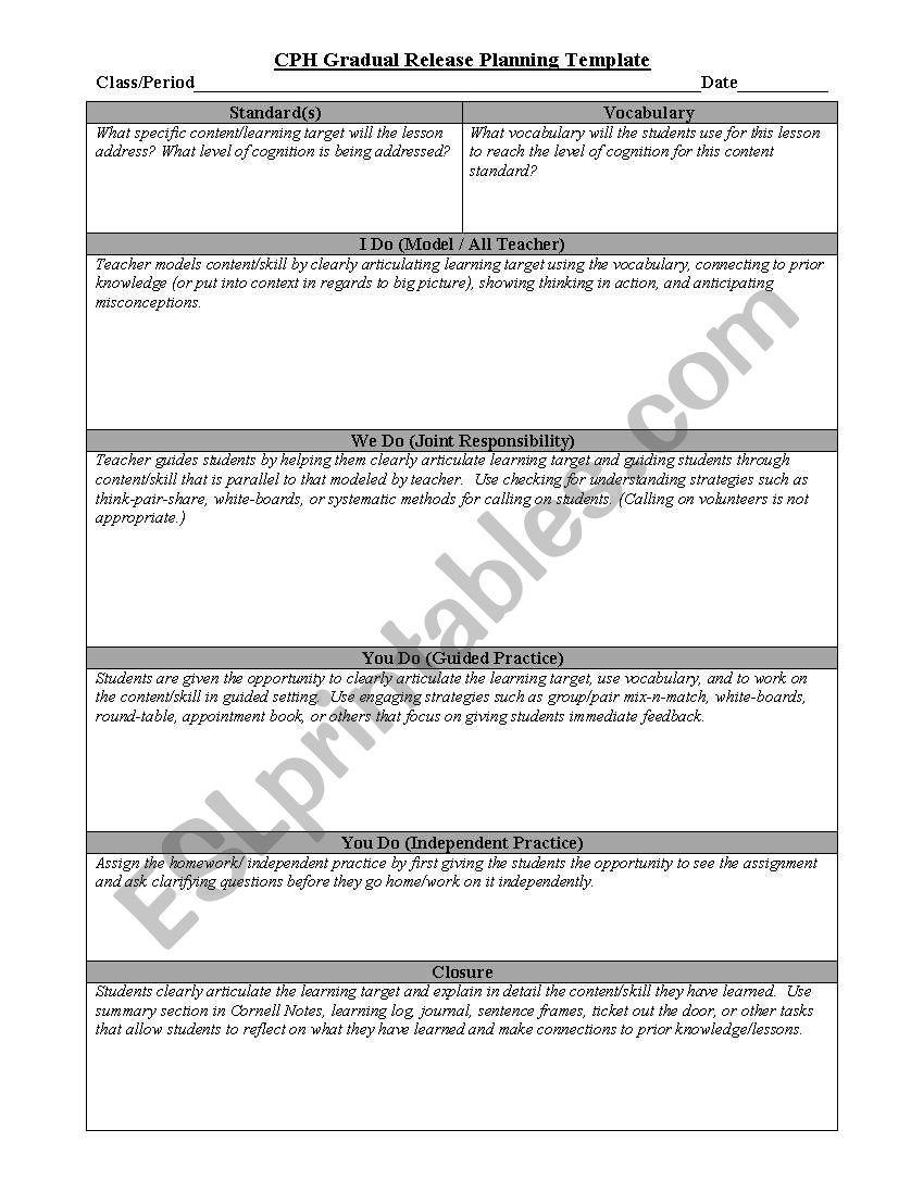 gradual release template worksheet