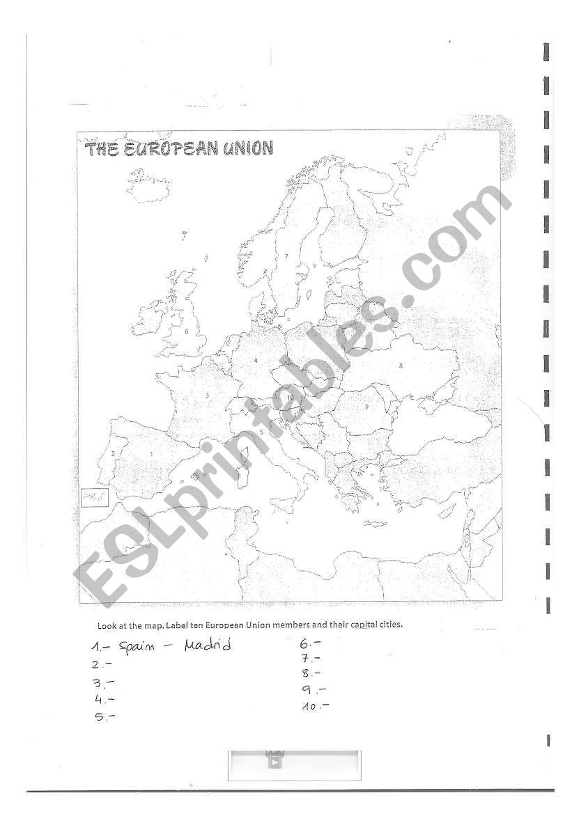 Map of EU capitals worksheet
