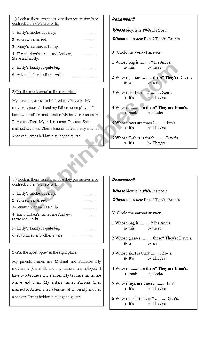 possessive s- whose worksheet