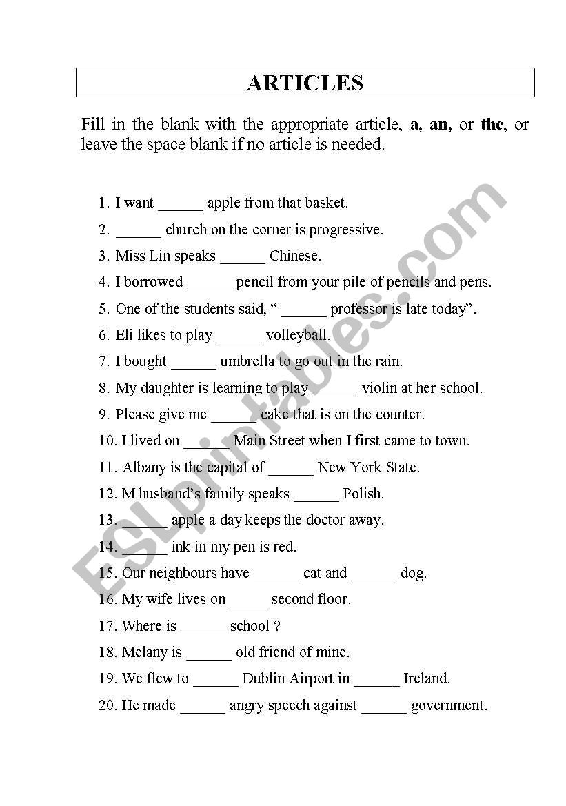 articles worksheet