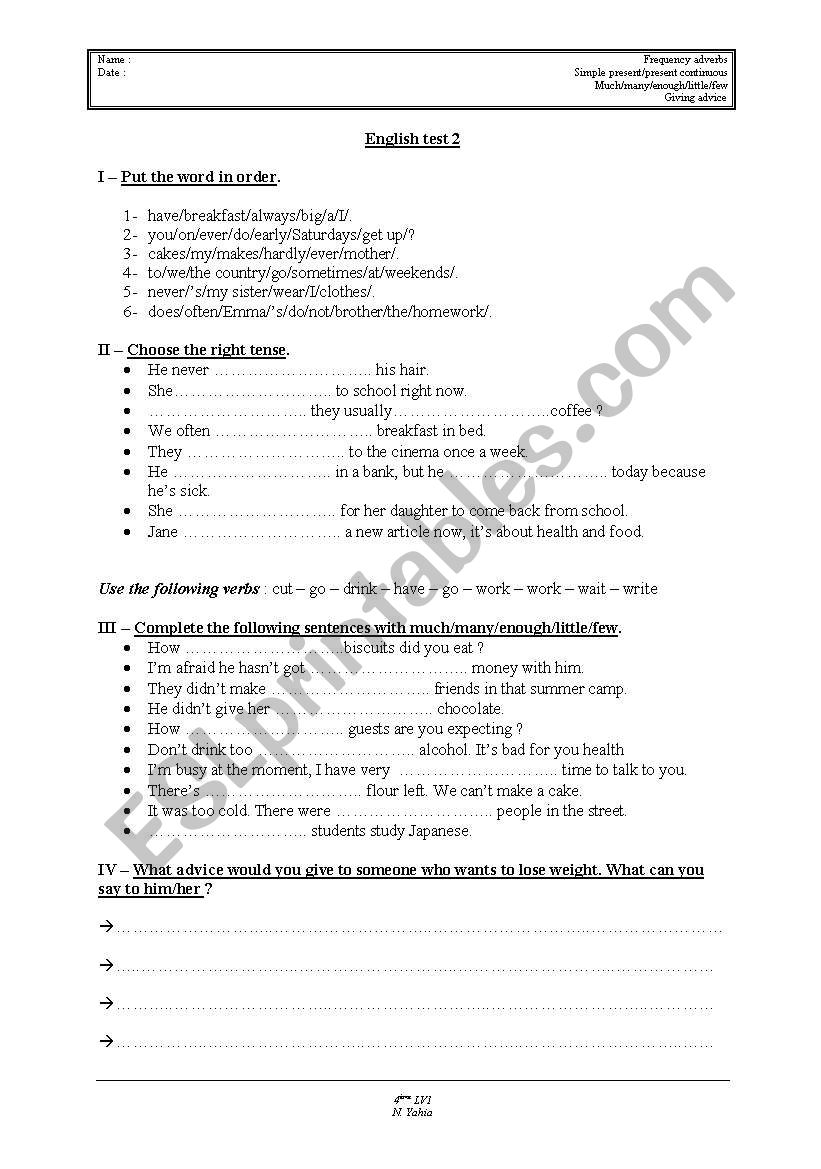 English Test worksheet