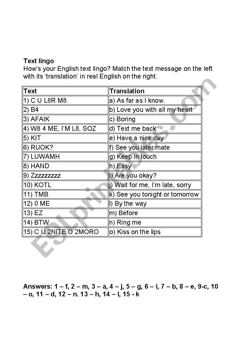 Text Lingo worksheet