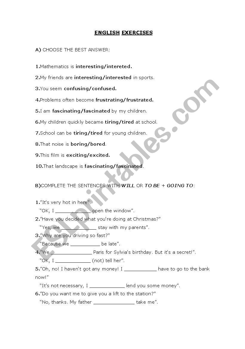 ING or ED Adjectives worksheet