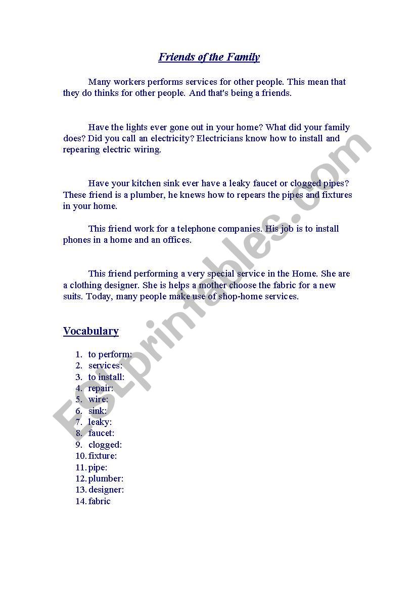 friends of the family worksheet