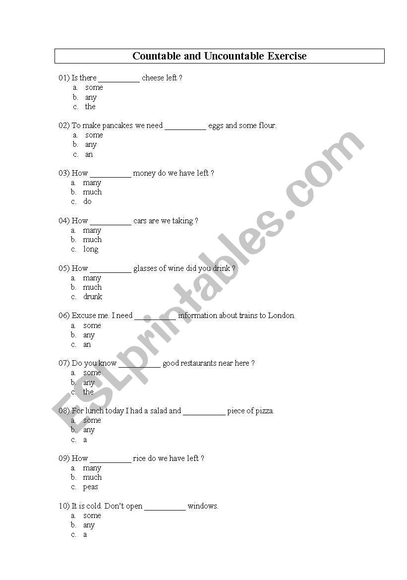 countable ans uncountable worksheet