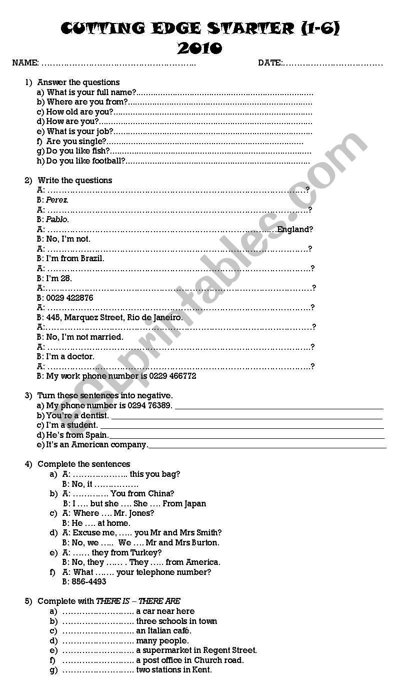 test starter worksheet