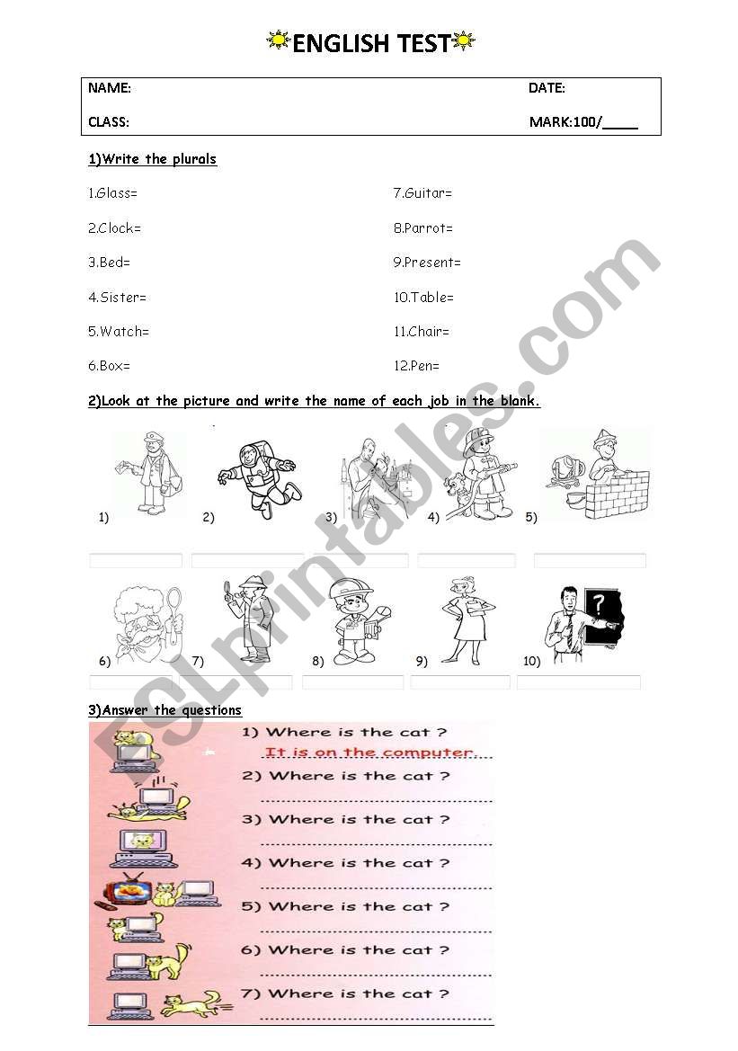 Plurals,Jobs,Prepositions worksheet