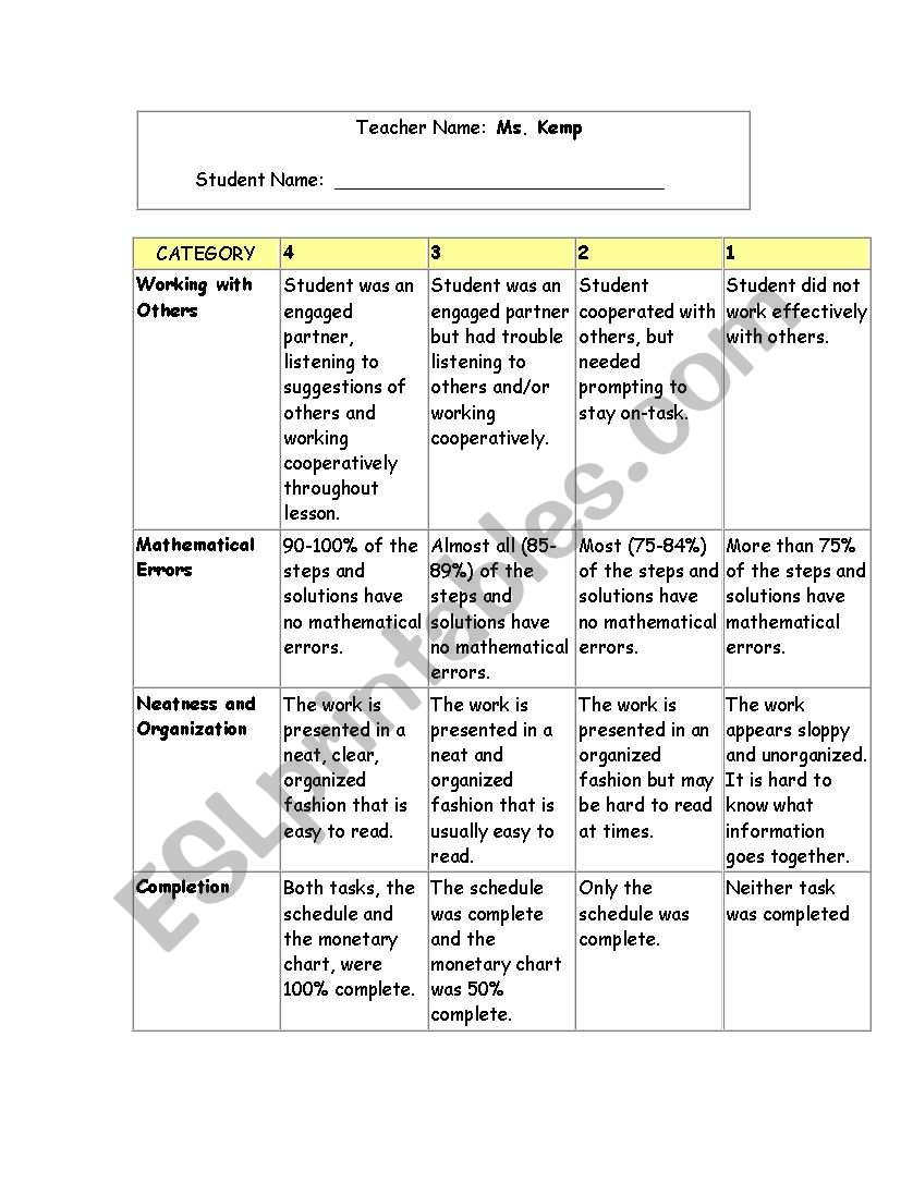 rubrics worksheet