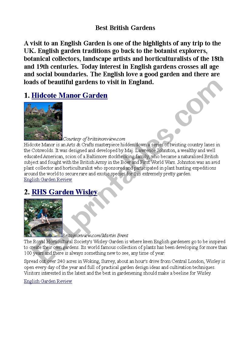 Reading on english gardens  worksheet
