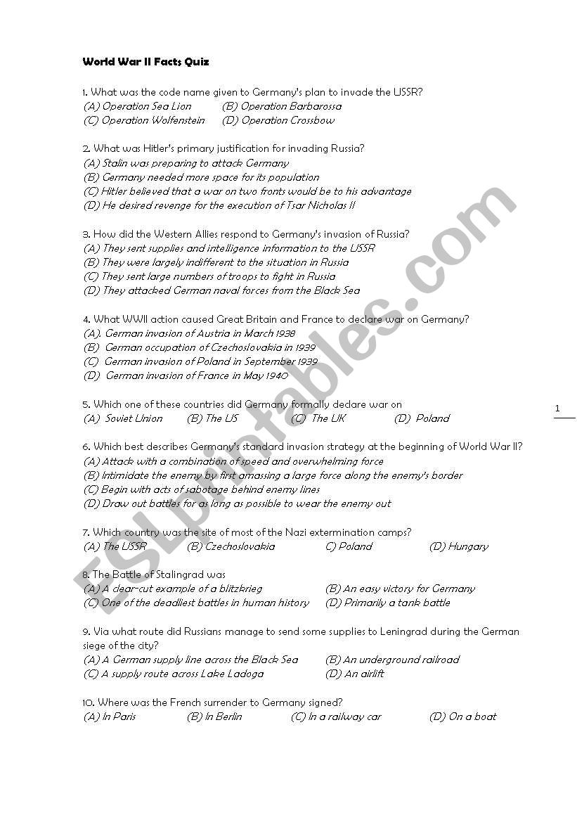 World War 2 QUiz worksheet