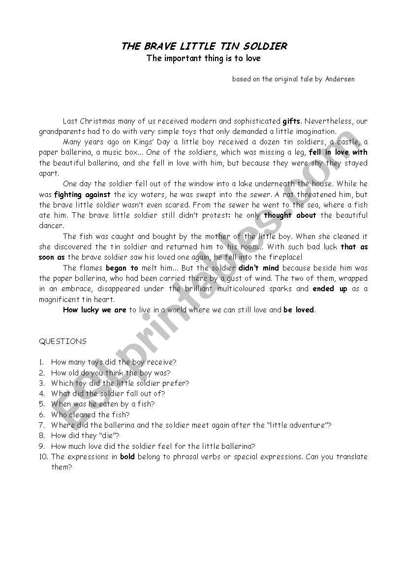 The Brave Little Tin Soldier worksheet