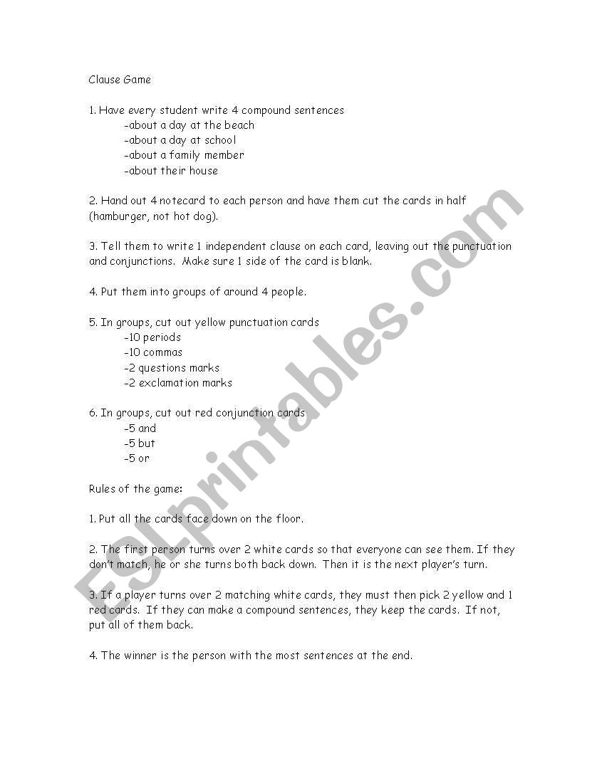 The clause game worksheet