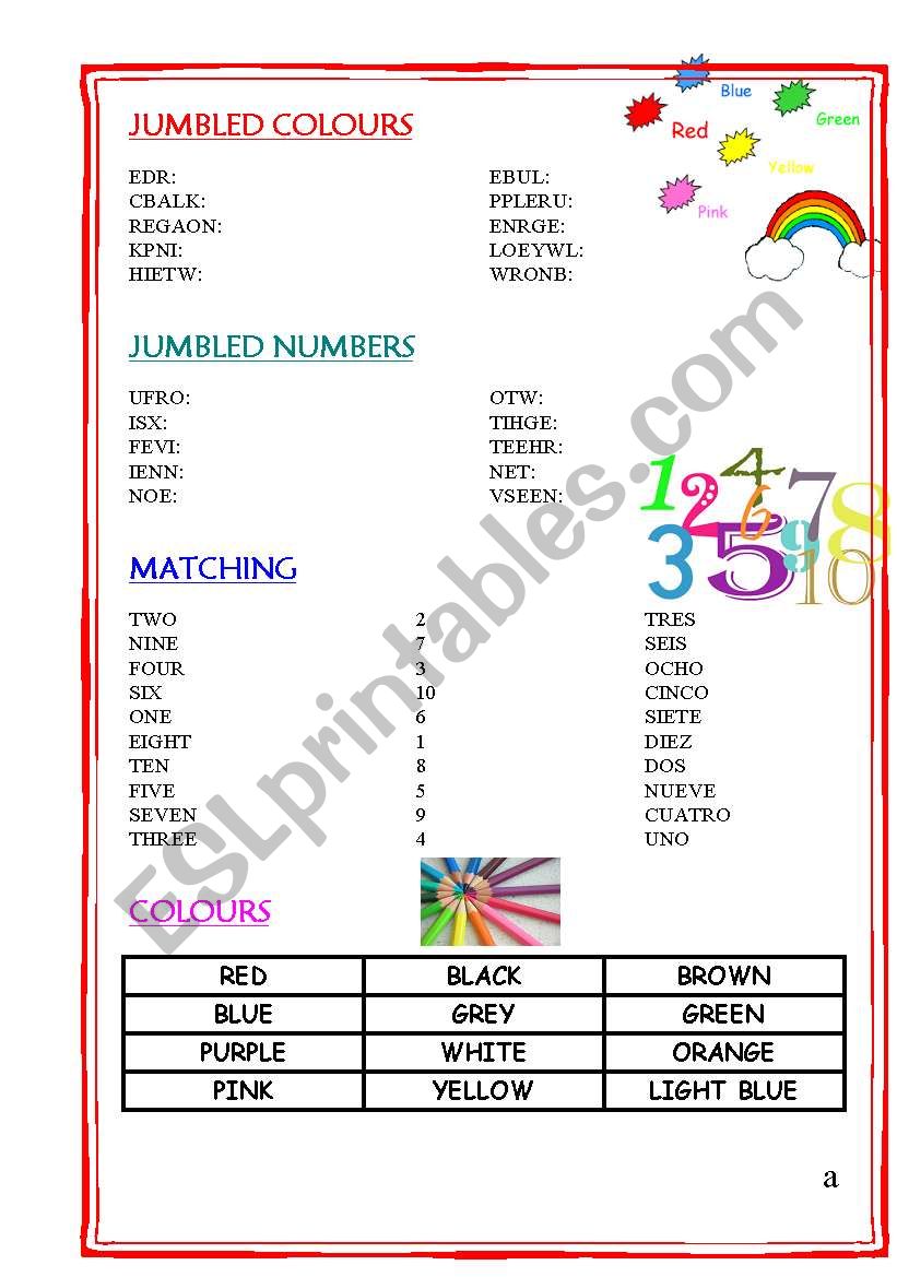 jumbled colours and numbers worksheet