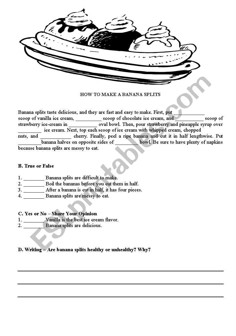 BANANA SPLITS ( articles) worksheet