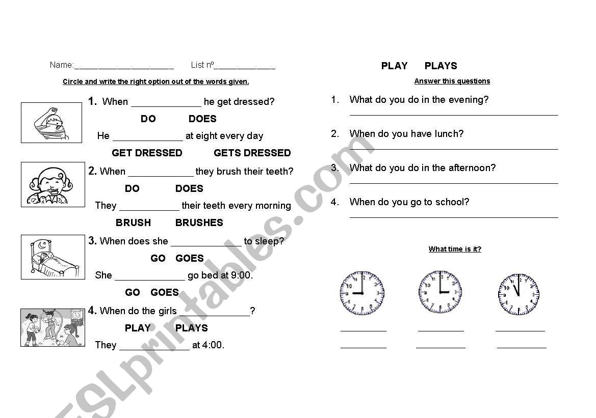 present simple and hours worksheet