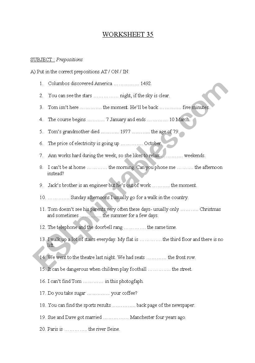 prepositions worksheet worksheet