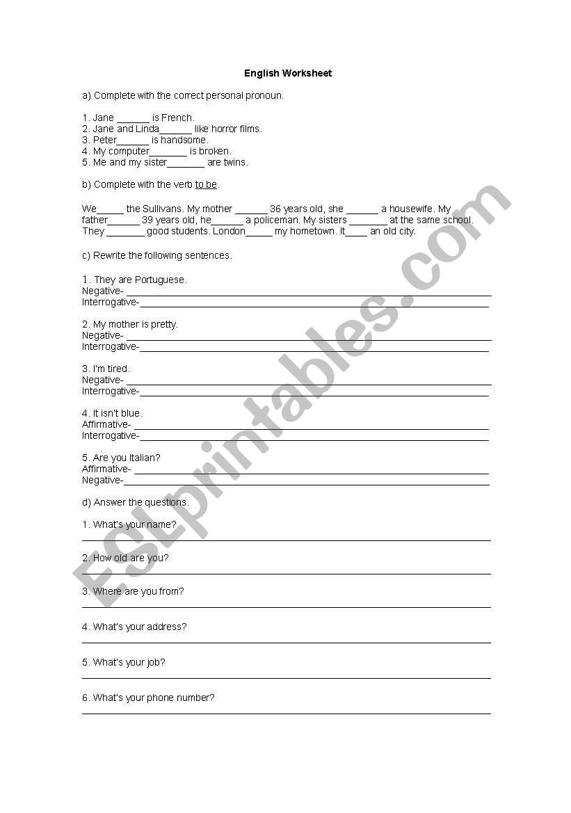 Personal Information worksheet