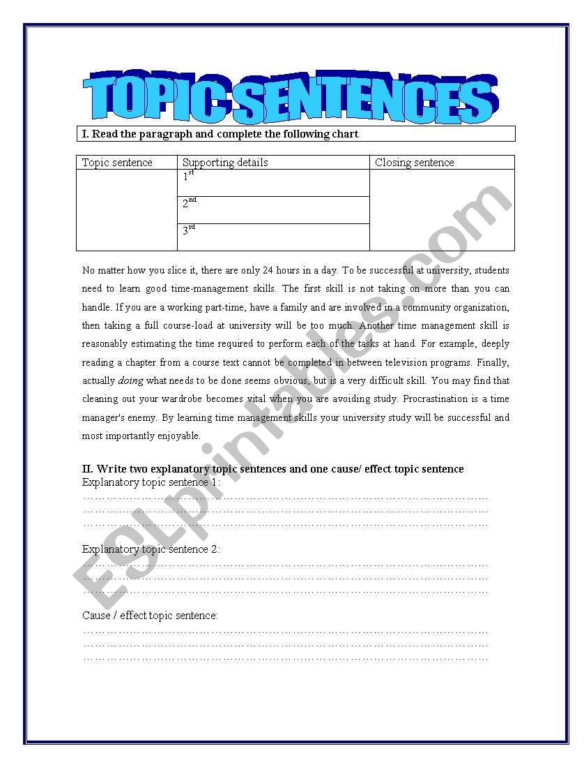 Topic Sentences ESL Worksheet By Yessi