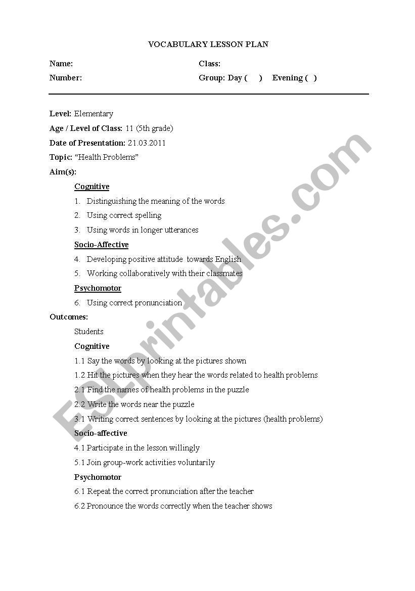 Vocabulary Lesson Plan - Health Problems