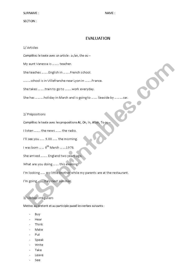 EVALUATION Intermediate level worksheet