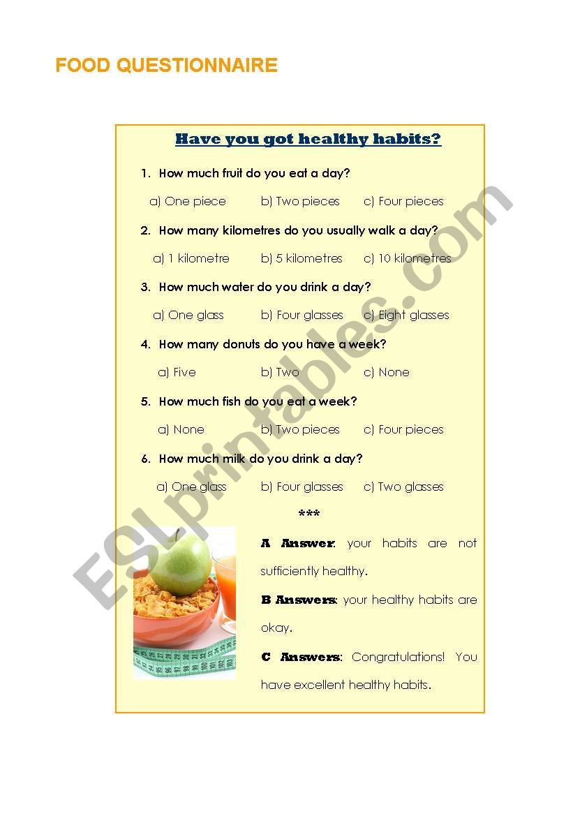 Food questionnaire worksheet