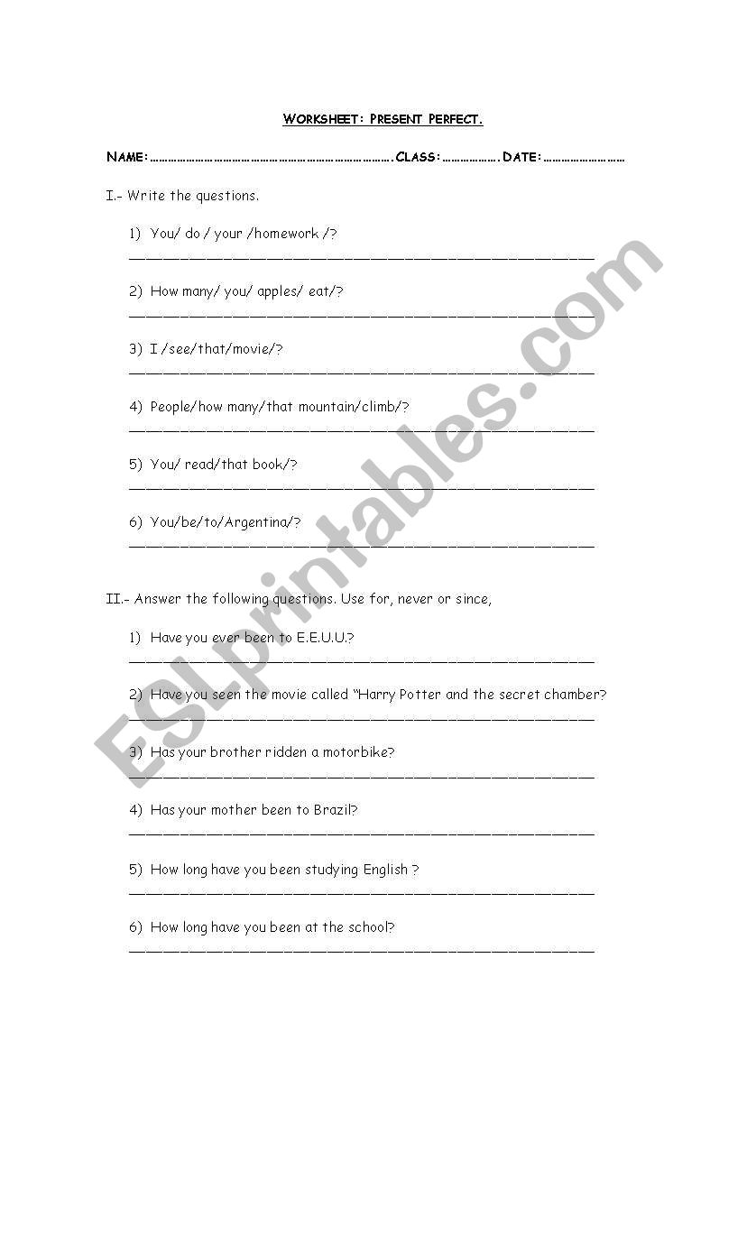 present perfect worksheet worksheet