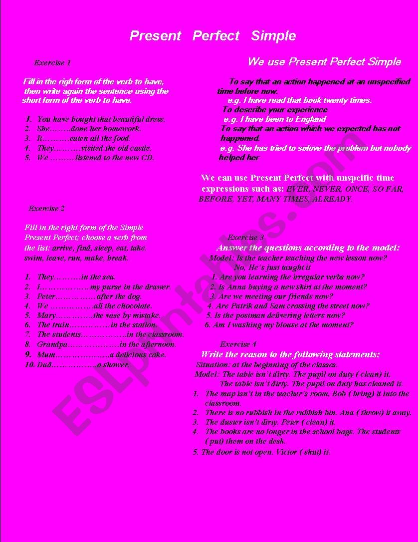 English Worksheets Present Perfect Simple