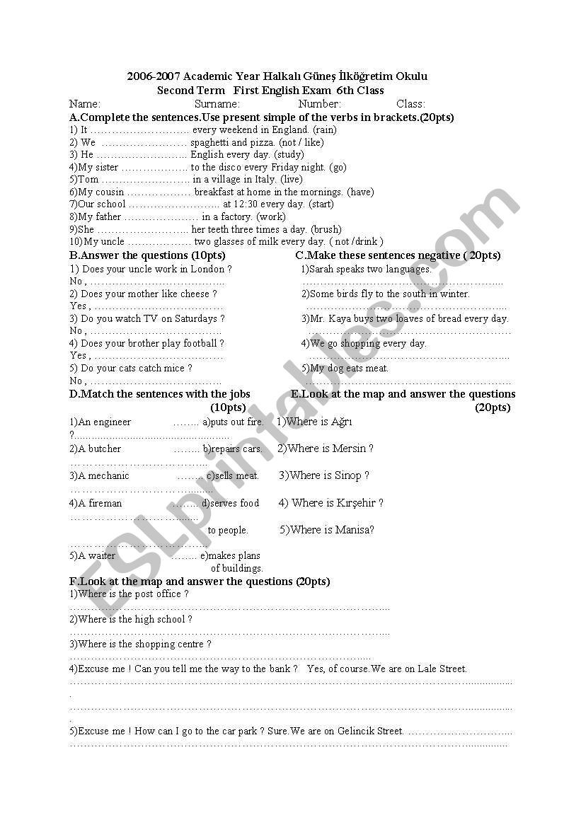 Sample Exam worksheet