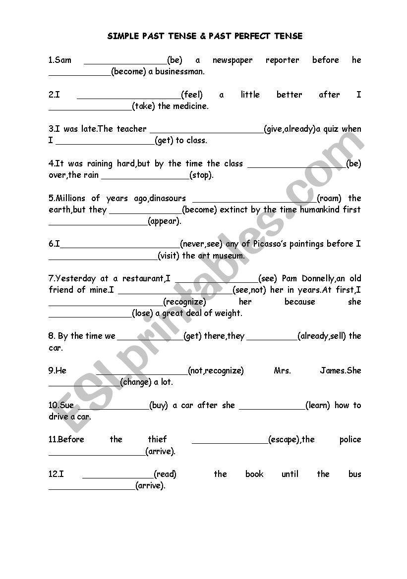 Simple past tense & past perfect tense fill_in activity