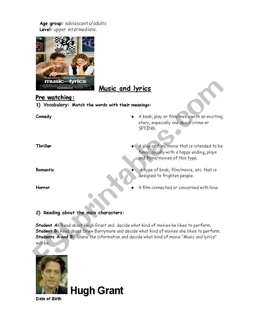 Music and Lyrics Movie Guide worksheet