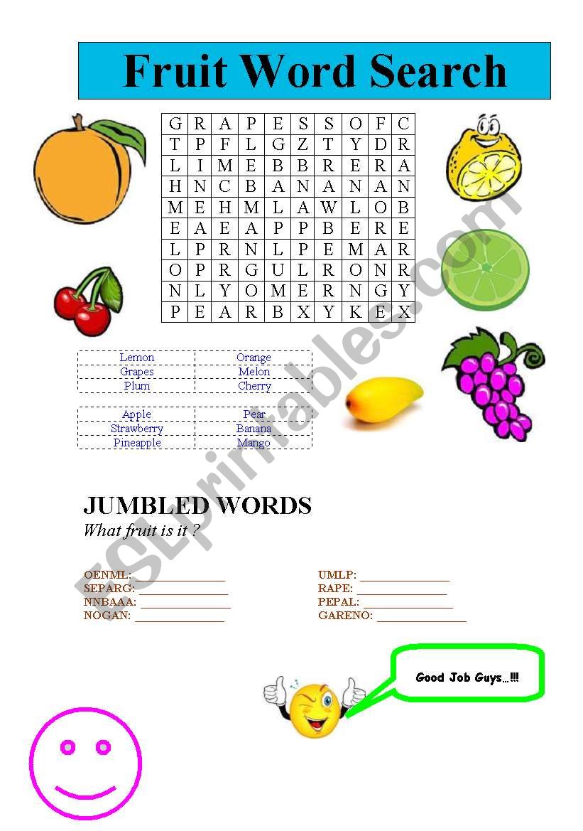 fruit word search  worksheet